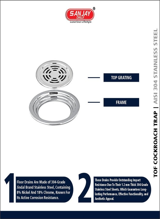 SANJAY CHILLY مصرف أرضي من الفولاذ المقاوم للصدأ من سانجاي تشيلي، غطاء جالي 4 بوصة، درجة 304، مصرف مياه الصرف الصحي في الحمام وحوض الاستحمام والمطبخ، في حوض الحمام والمرحاض (TOF دائري دائري فضي) - Image 4